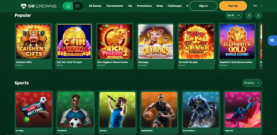 50 Crowns Casino pokies lobby with featured slot titles and providers