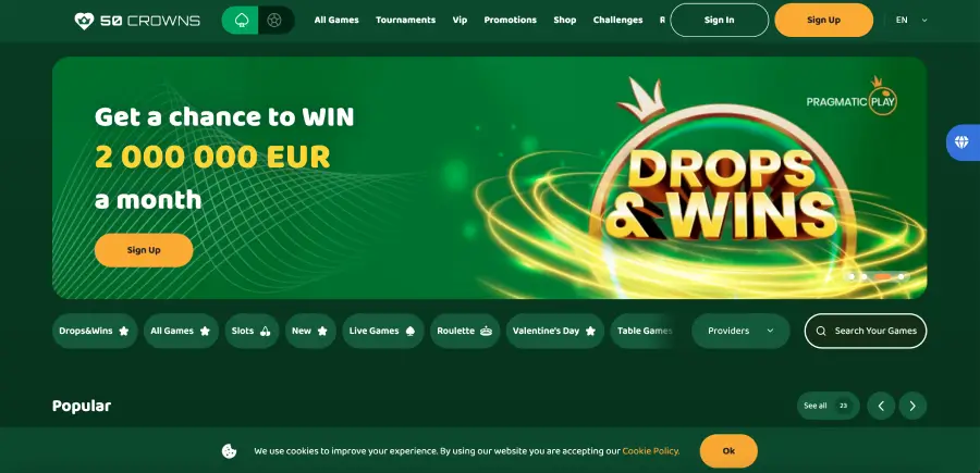 50 Crowns Casino homepage interface showing main navigation and bonus banner
